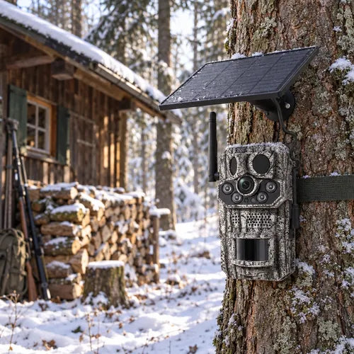 Revio an einem Baum neben einer Waldhütte im Schnee