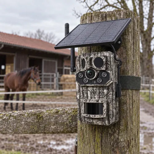 Revio on a fence post by a horse paddock