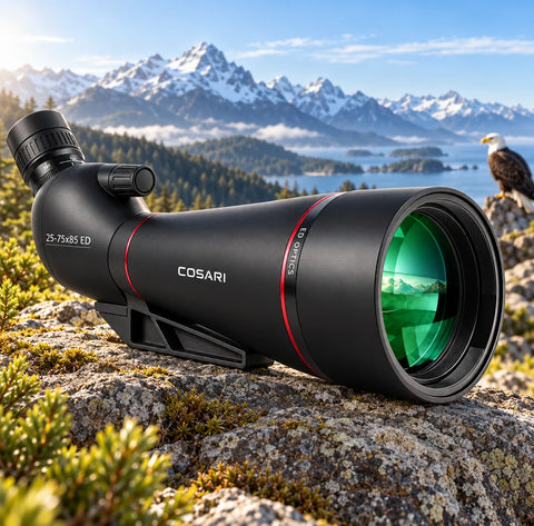 Cosari HawkEye 25-75x85 ED – Angled BAK4 Spotting Scope with Dual-Speed Focuser, IPX7 Nitrogen Waterproofing, Tripod & Digiscoping Mount