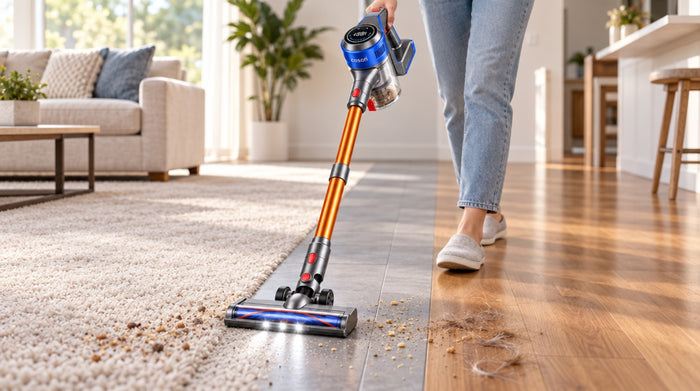Swift V7 floor head with LED headlights cleaning crumbs off a hardwood floor