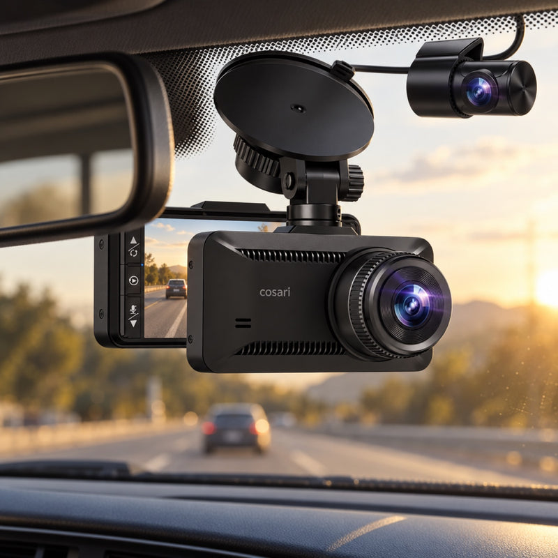 Cosari Vista D4 mounted behind the mirror of a car