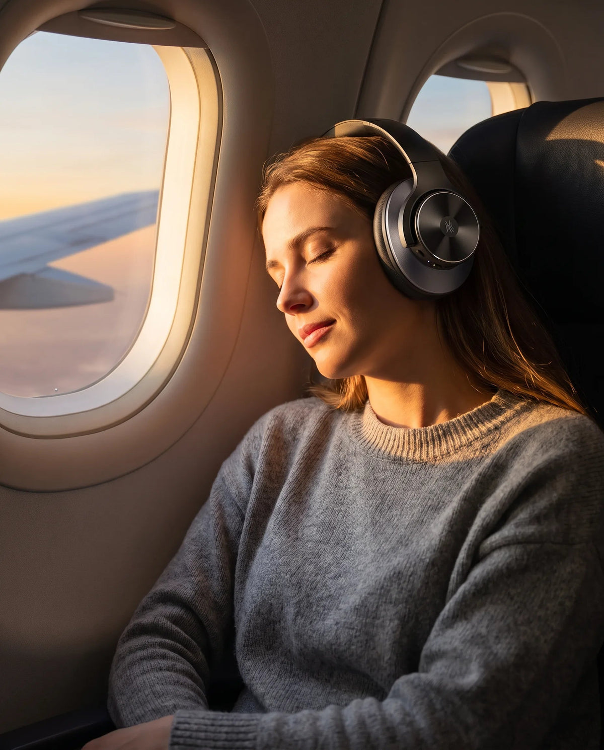 Asleep on a flight wearing the headphones