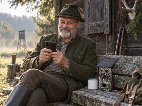 Mann auf einer Bank vor einer Waldhütte schaut lächelnd aufs Handy
