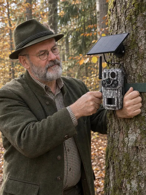 Revio wird an einen Baum gegurtet
