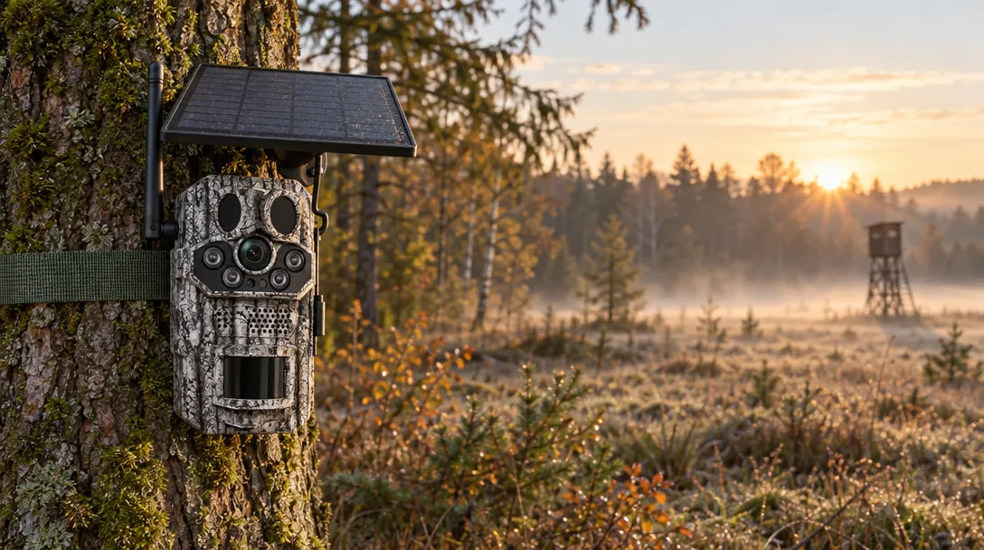 Revio an einer Eiche am Rand einer Lichtung im Morgennebel, ein Hochsitz im Hintergrund