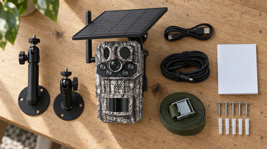 Everything in the Revio 4G Solar box on a wooden table