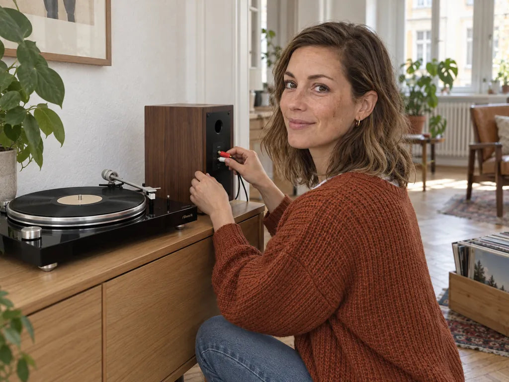Eine Frau steckt das Cinch-Kabel in eine Aktivbox