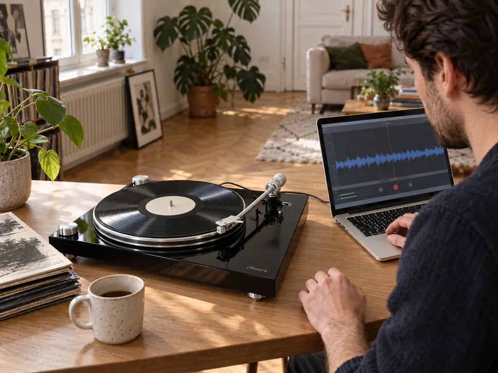 Der Rillwerk One spielt eine Platte, ein USB-Kabel führt zu einem Laptop, der die Aufnahme als Wellenform zeigt