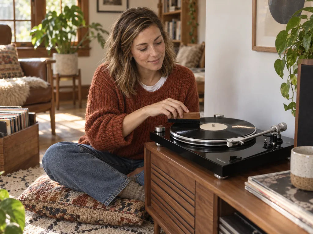 A woman holds a record brush to the spinning record