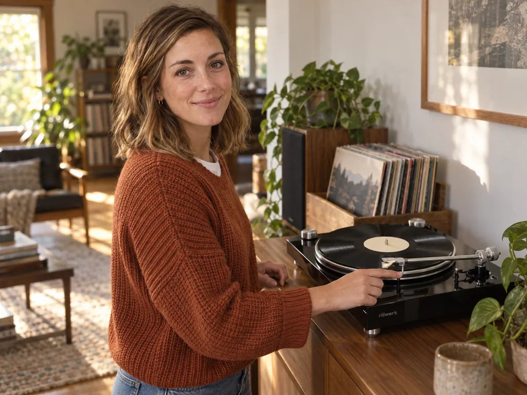 A woman lowers the tonearm onto a record with the cue lever