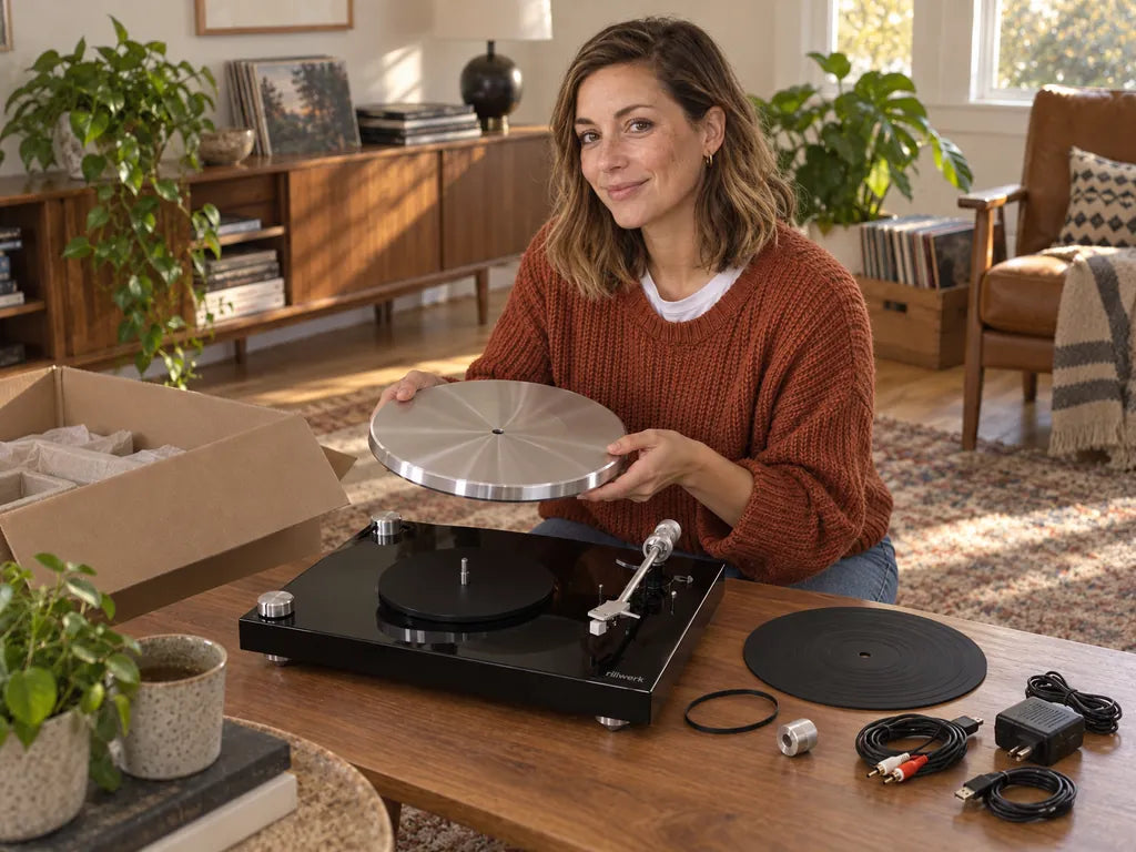 A woman unboxes the Rillwerk One: plinth, platter, belt, rubber mat, counterweight, power adapter, RCA and USB cables laid out on the table