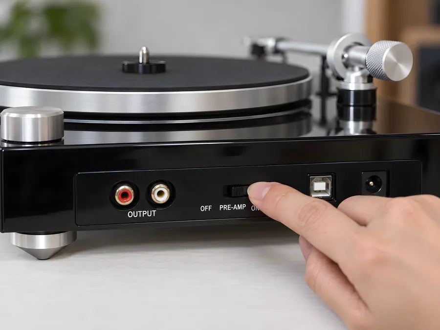 A finger slides the PRE-AMP switch on the back to ON, next to the red and white RCA jacks and the USB port