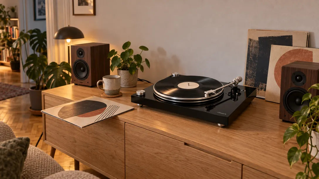 The Rillwerk One plays a record on an oak console between two walnut bookshelf speakers