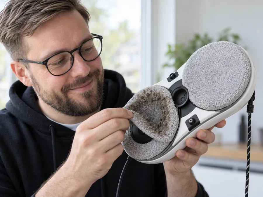 Symbolbild: Mann hält einen Fensterroboter mit verschmutztem Mikrofaser-Pad