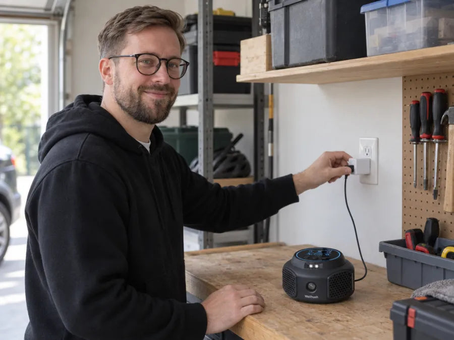 Jonas plugging the wall adapter into a garage outlet