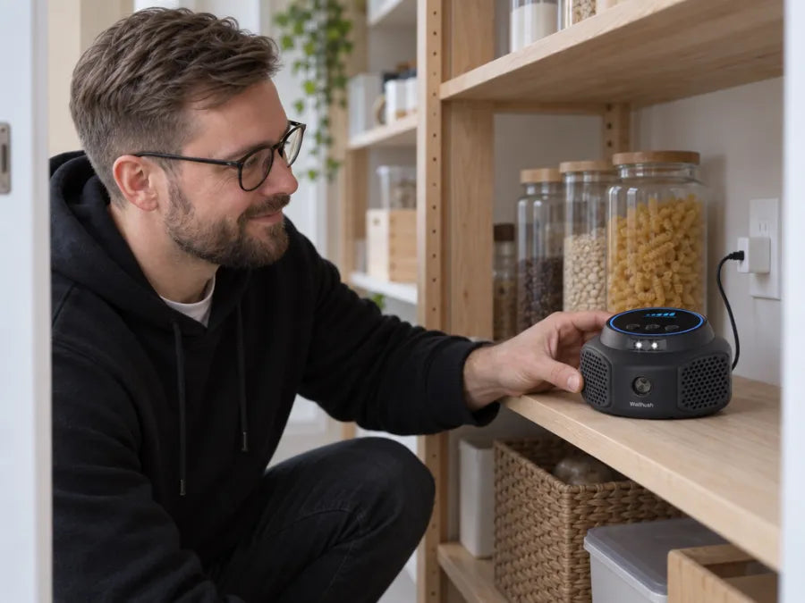 Jonas placing a unit on a low pantry shelf