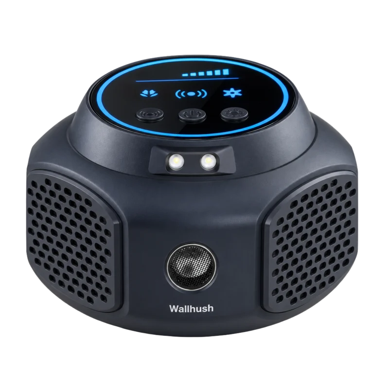 Wallhush One, a charcoal unit with a round blue-ringed display, a front speaker grille and perforated sides
