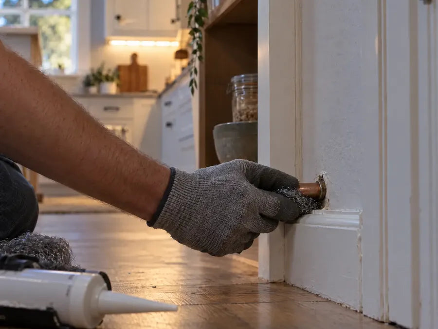 A gloved hand presses steel wool into a gap around a pipe above the baseboard